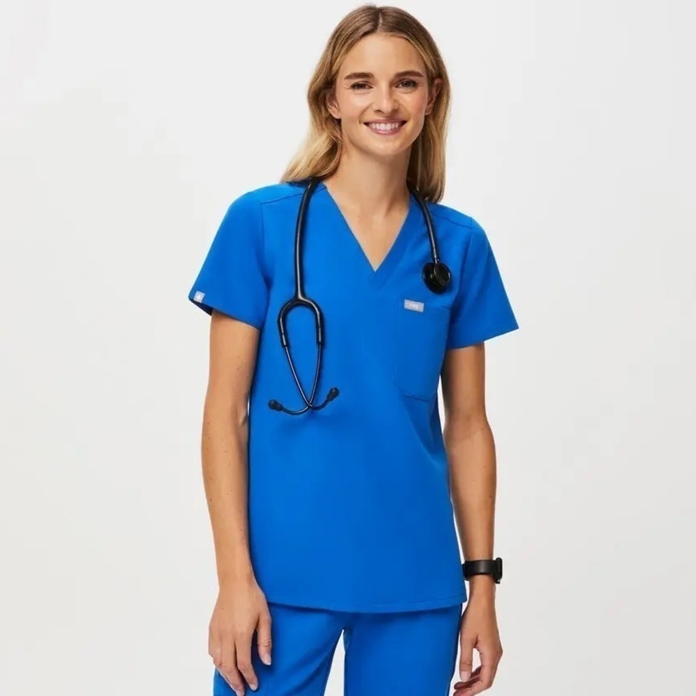Fig Women Scrub Top Large Blue Catarina One-Pocket Technical Collection Spandex